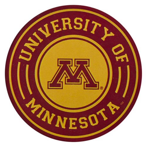 The image shows a round logo with the text  UNIVERSITY OF MINNESOTA  prominently displayed in capital letters, featuring the school s mascot and colors.